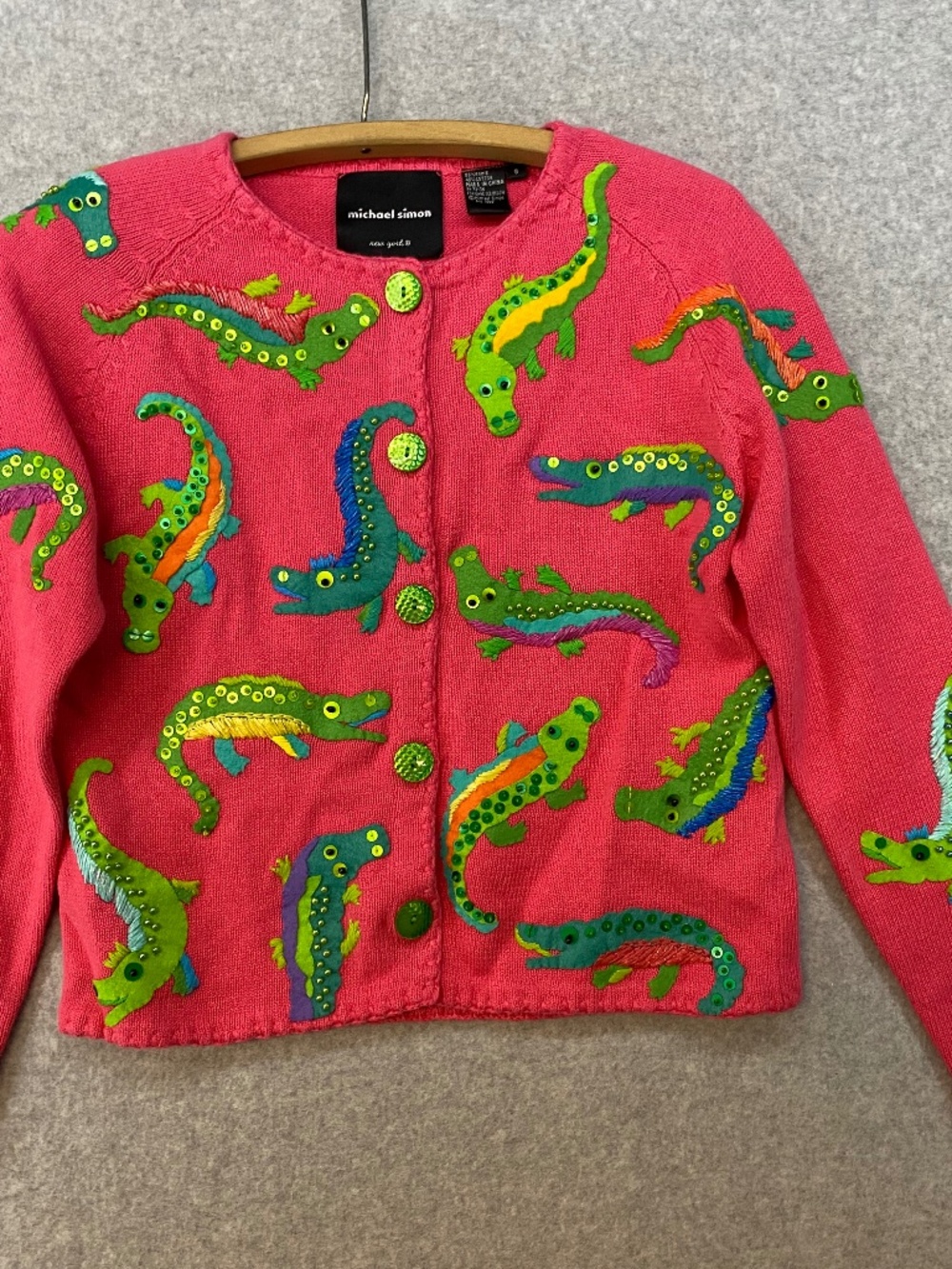 Vintage Michael Simon Cardigan S • Alligator Pink Beaded Embroidered • Art • 90s